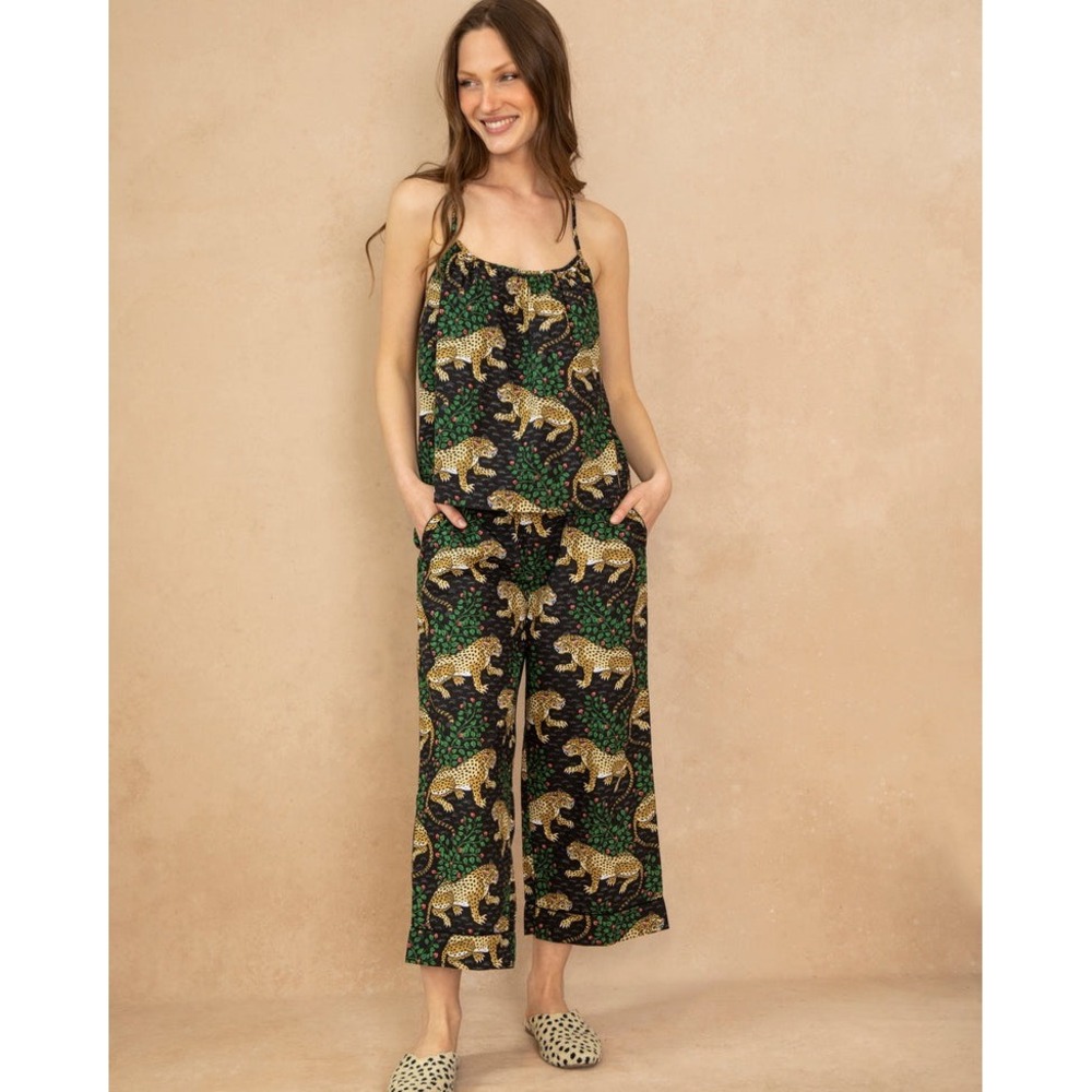 Printfresh Bagheera Organic Cotton Cami Cropped Pajama Set Leopard Print L NEW